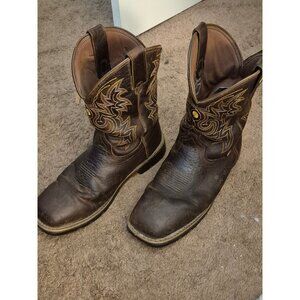 Justin Mens Brown Leather Western Work Boots With Yellow Stitching